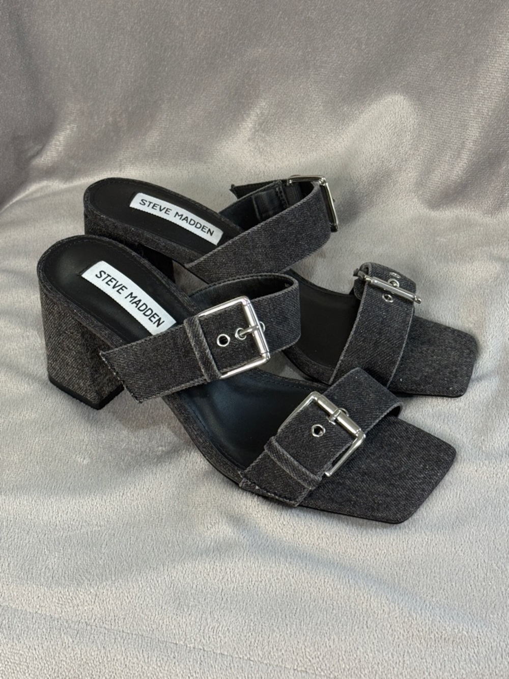 Steve Madden Dark Gray Buckle Block Heel Sandals
